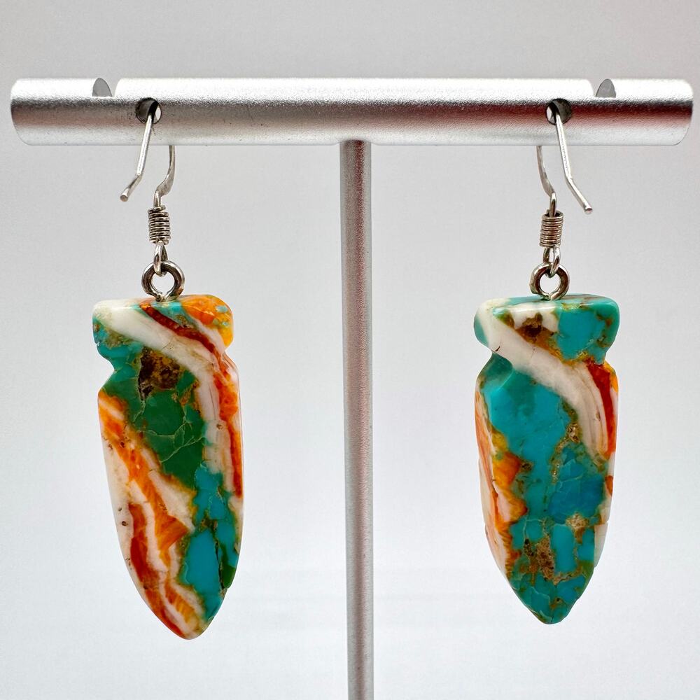 Turquoise Spiny Oyster Shell Carved Arrowhead Composite Slab Earrings Southwest - Picture 4 of 12